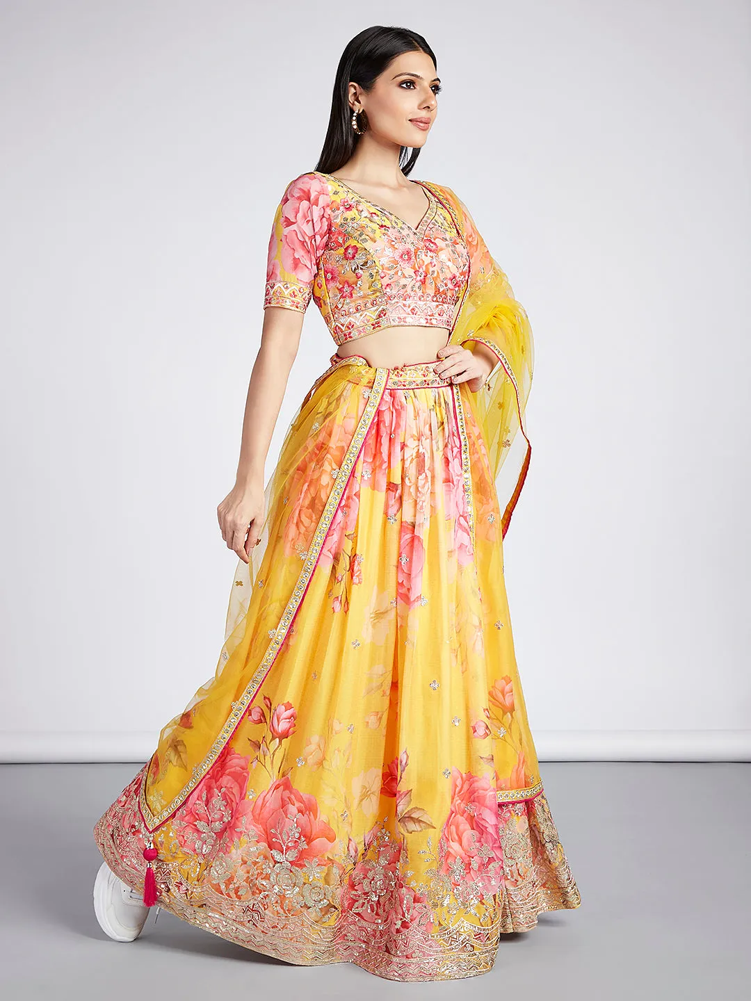 Yellow colour Organza Floral design digital print Semi-Stitched Lehenga choli & Dupatta