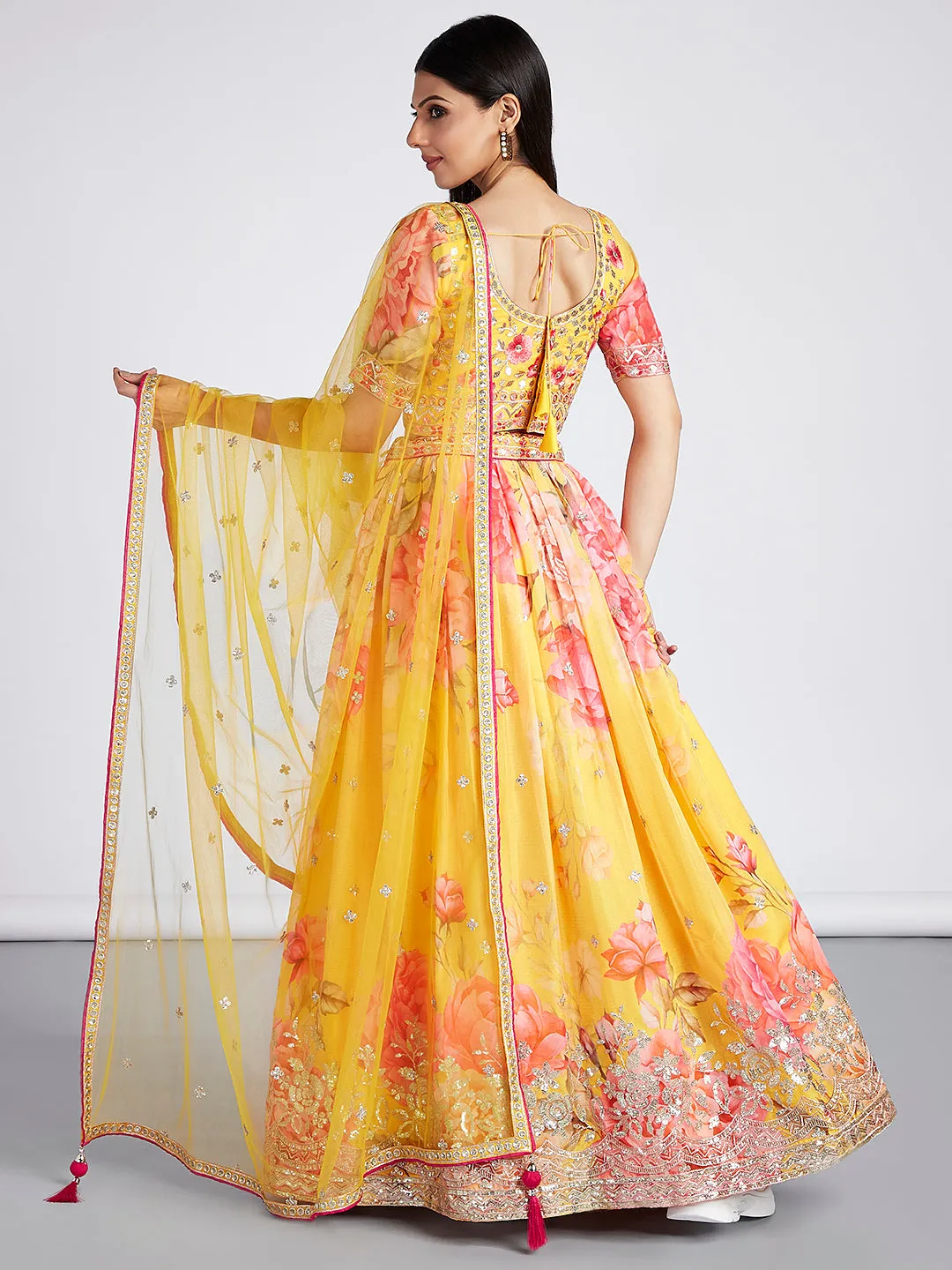 Yellow colour Organza Floral design digital print Semi-Stitched Lehenga choli & Dupatta