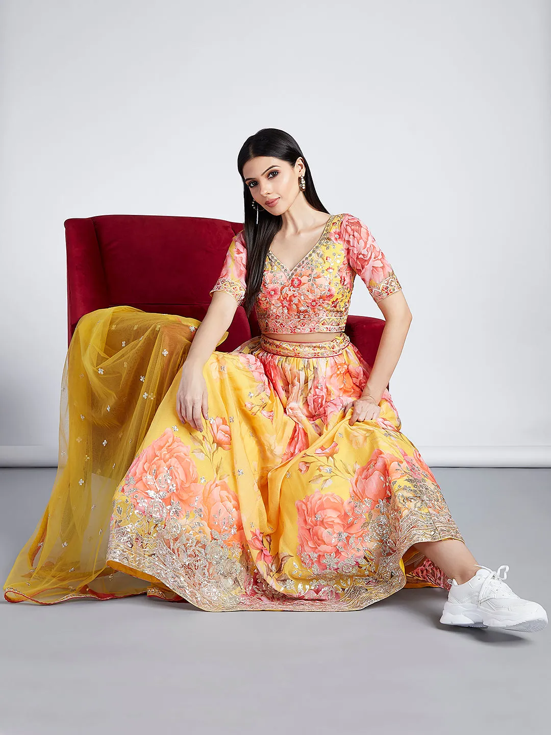 Yellow colour Organza Floral design digital print Semi-Stitched Lehenga choli & Dupatta