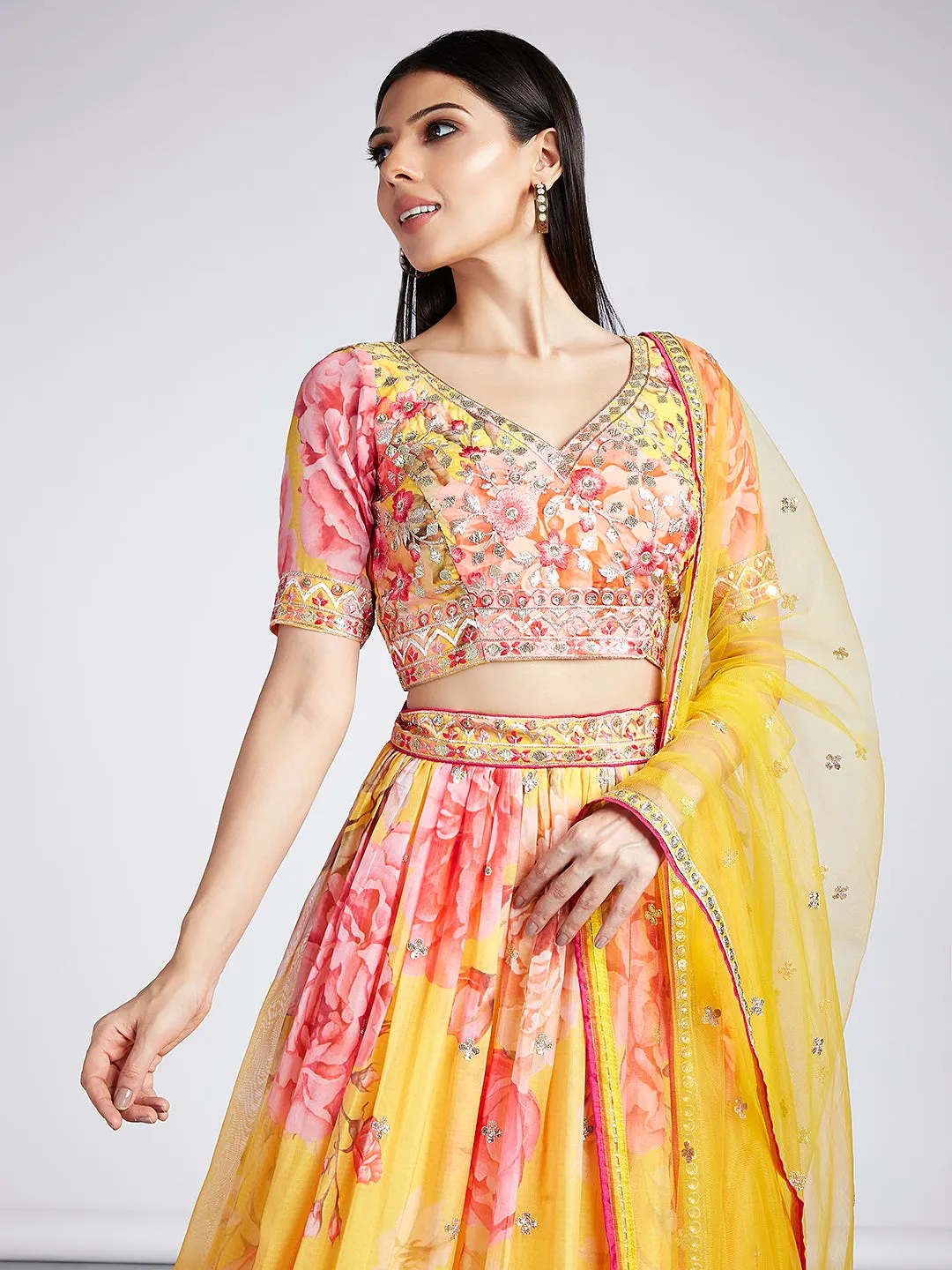 Yellow colour Organza Floral design digital print Semi-Stitched Lehenga choli & Dupatta