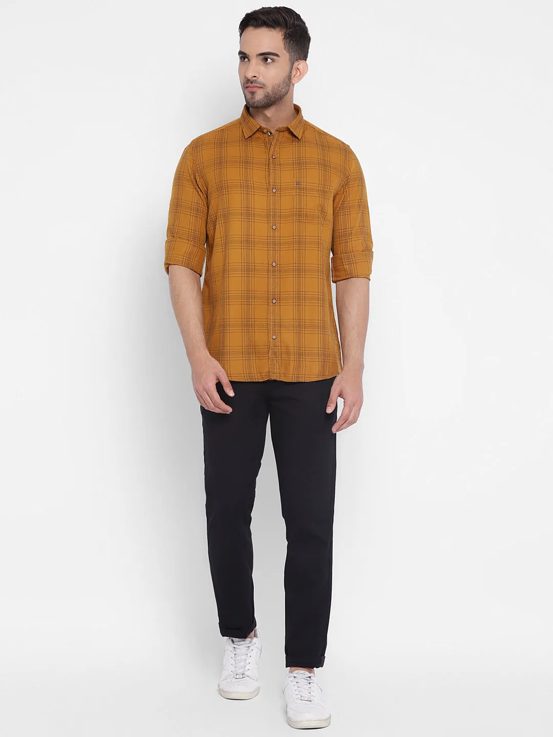 Yellow Cotton Checked Slim Fit Shirt