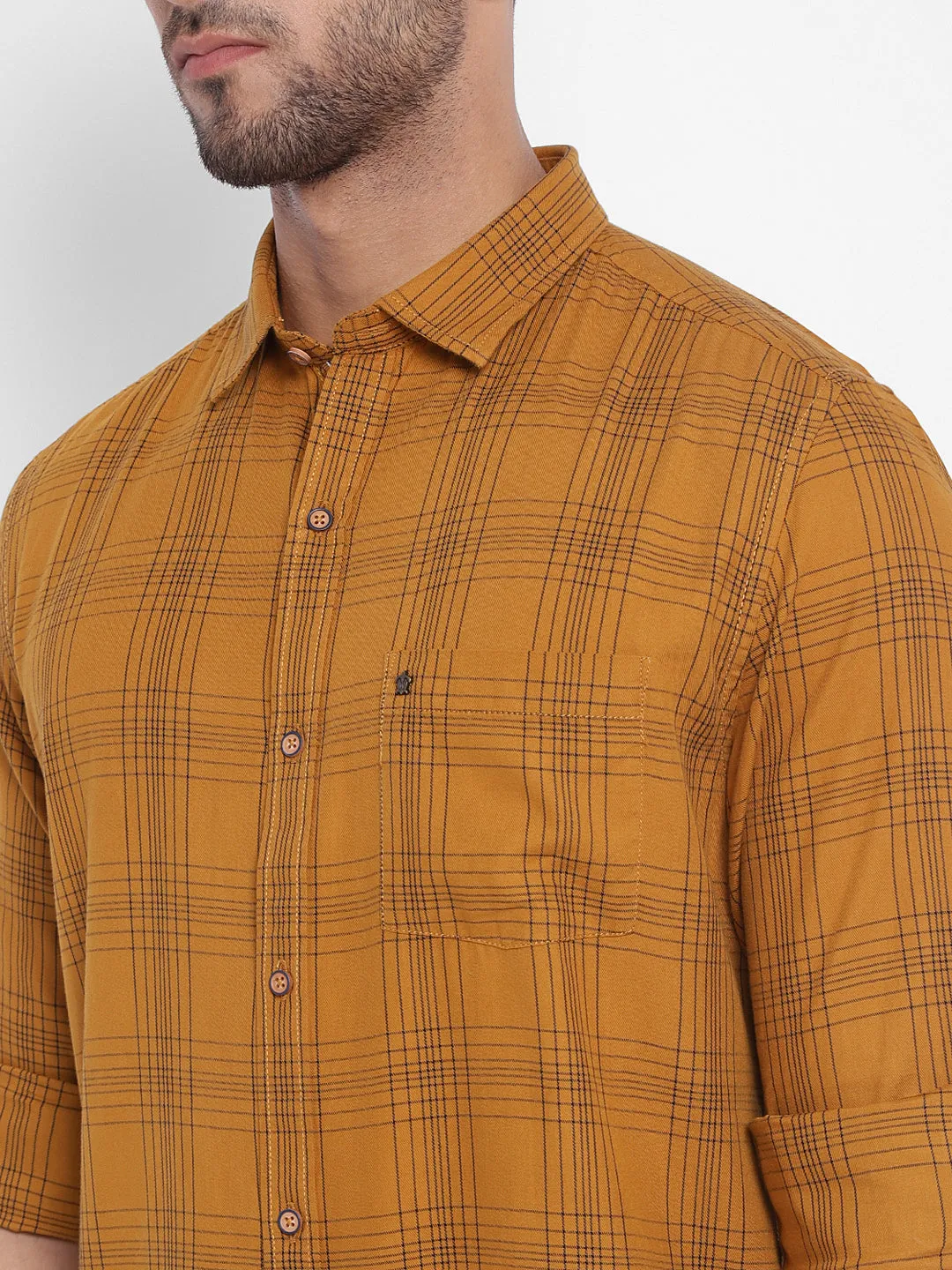 Yellow Cotton Checked Slim Fit Shirt