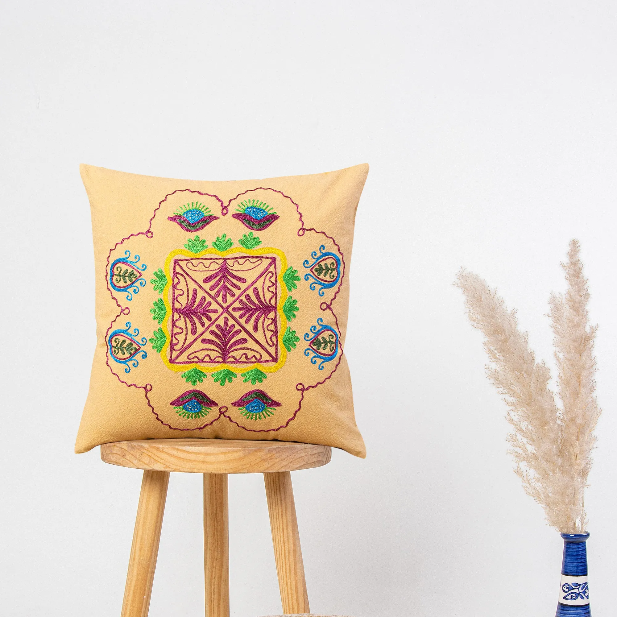 Yellow Cotton Embroidered Cushion Covers