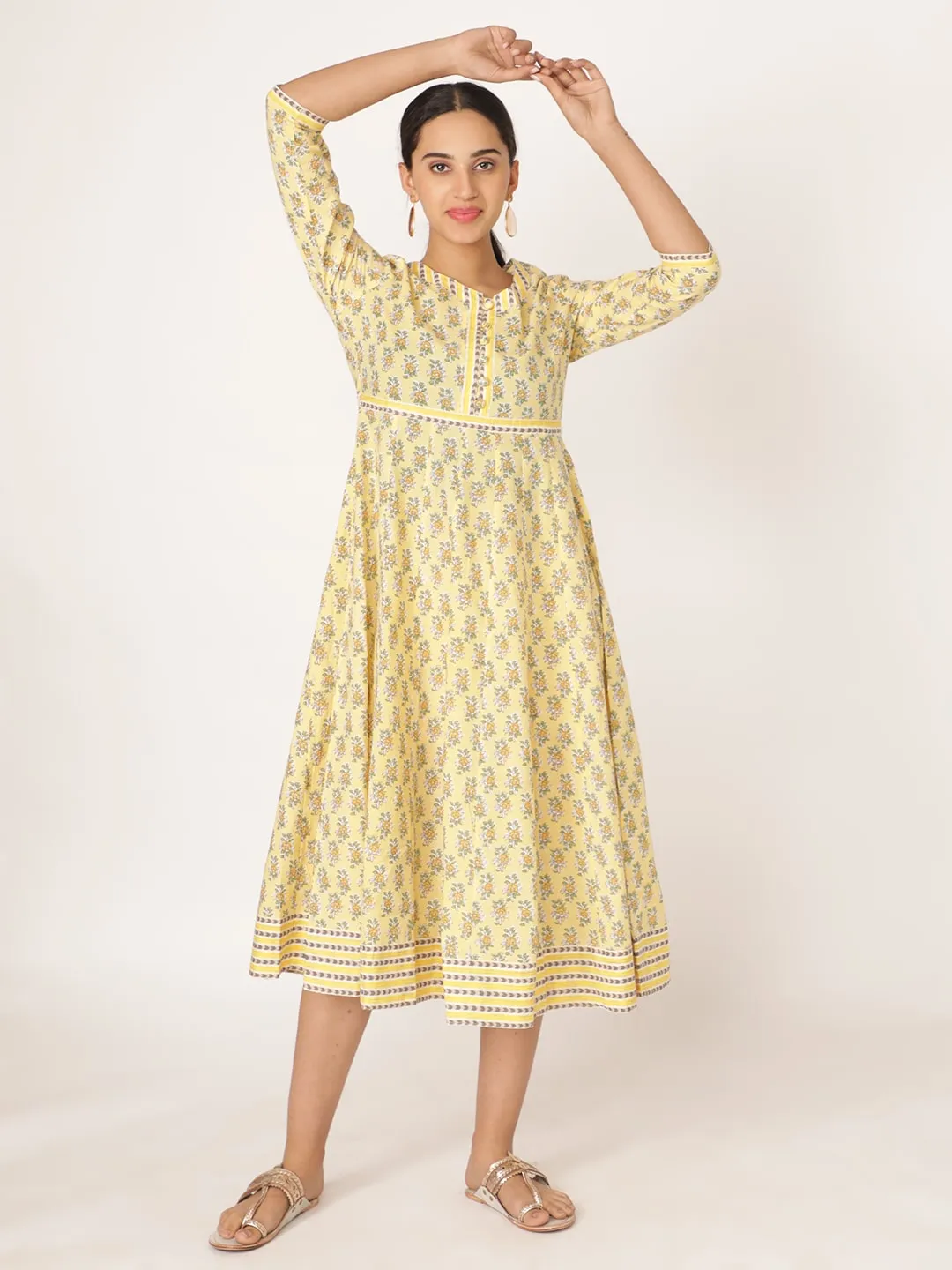 Yellow Cotton Round Neck Hand Block Printed Kurta Set