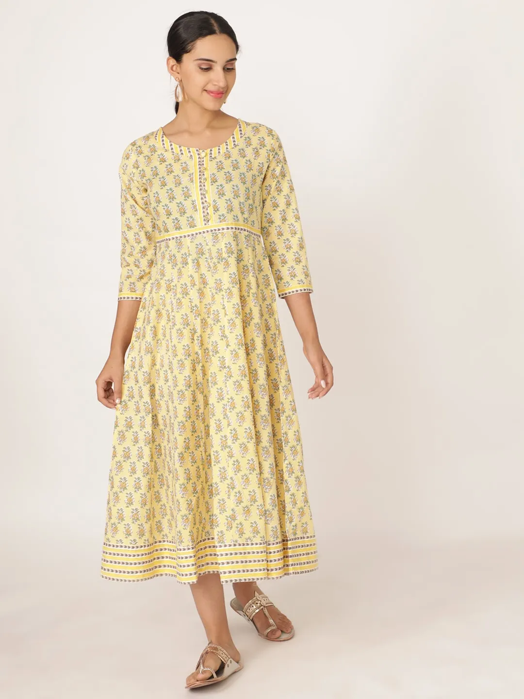 Yellow Cotton Round Neck Hand Block Printed Kurta Set