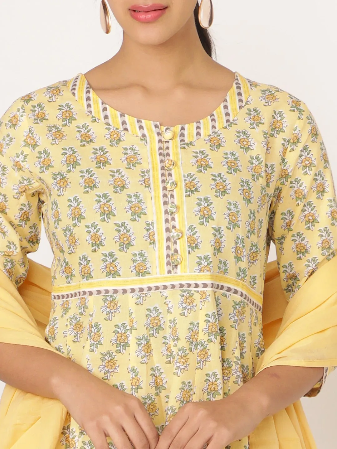 Yellow Cotton Round Neck Hand Block Printed Kurta Set