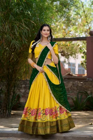 Yellow Cotton Silk Lehenga Choli with Thread Embroidery & Sequined Georgette Dupatta