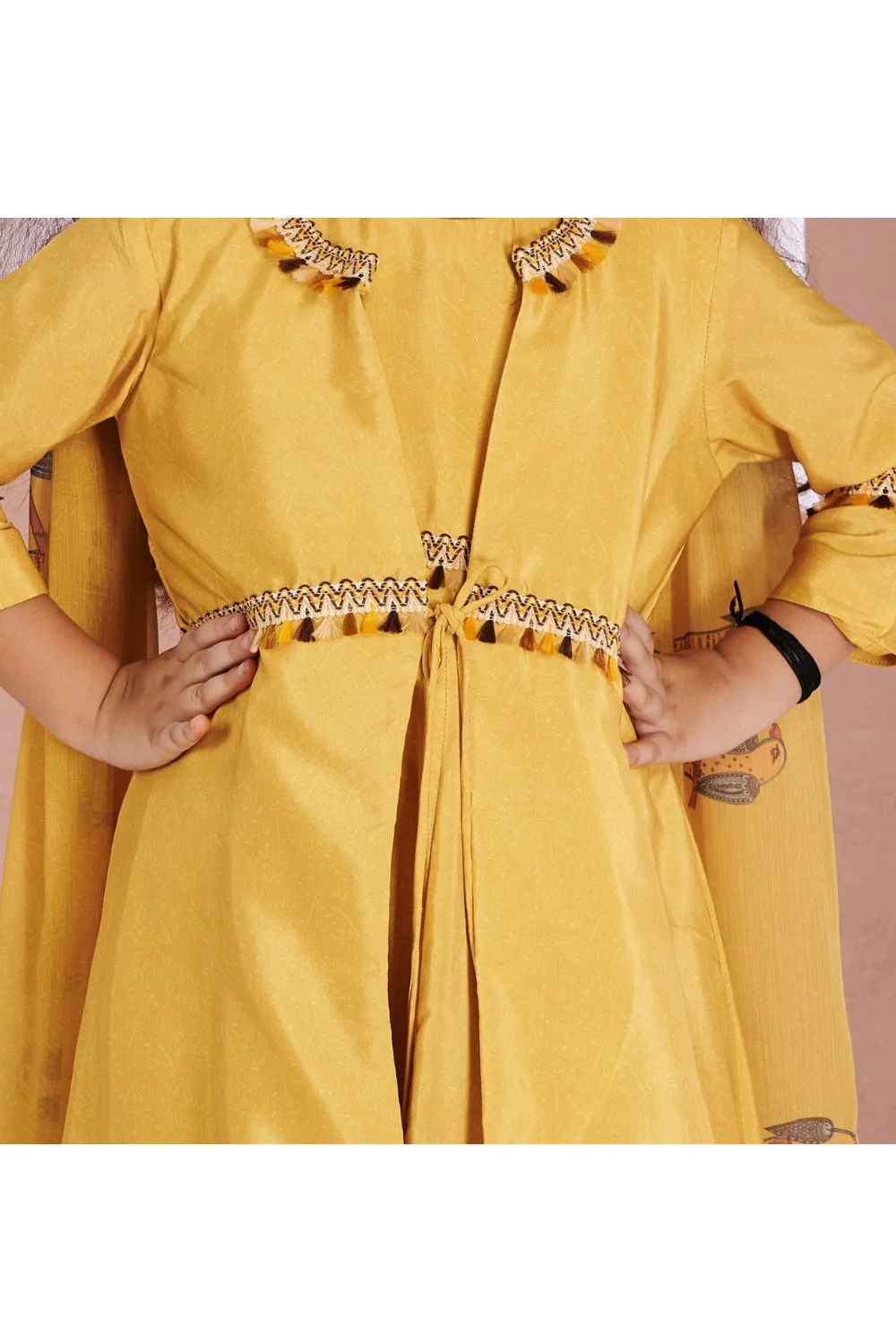 Yellow Crepe Anarkali With Lace Detailing And Parrot Printed Jacket Set