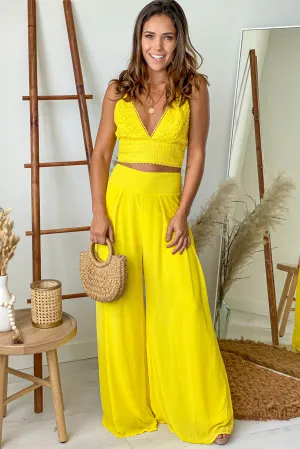 Yellow Crochet Top And Palazzo Pants Set