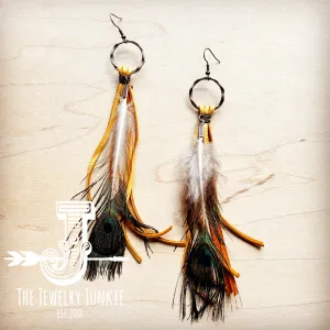 Yellow Deer Skin Leather Tassel Earring Peacock Feather 219i