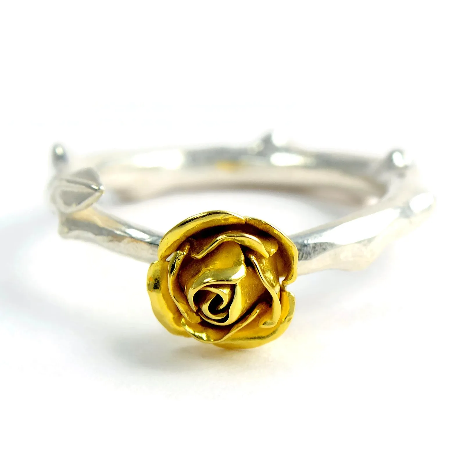 Yellow eco-gold rose ring with silver band and solid 18ct gold yellow rose