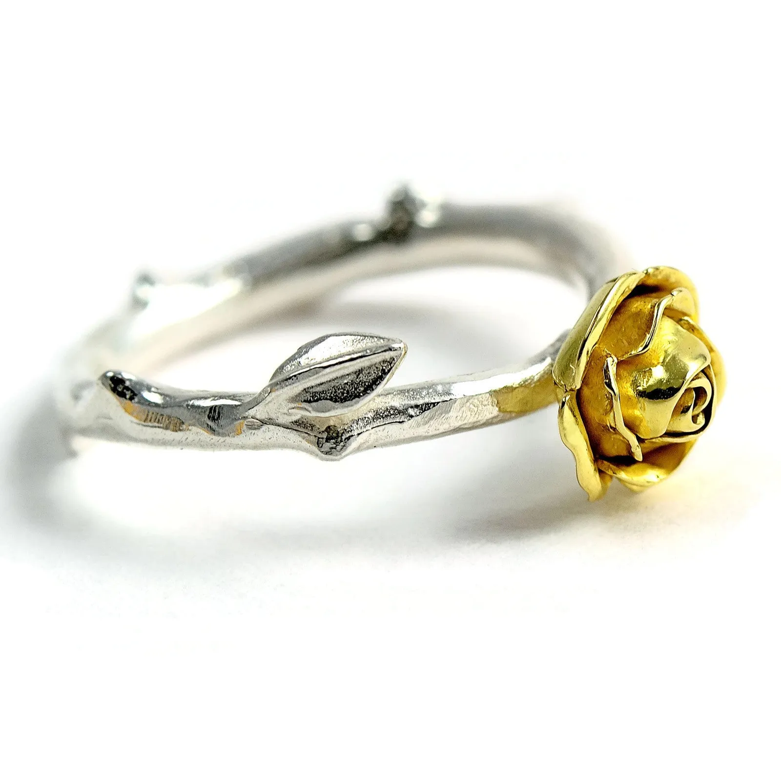 Yellow eco-gold rose ring with silver band and solid 18ct gold yellow rose