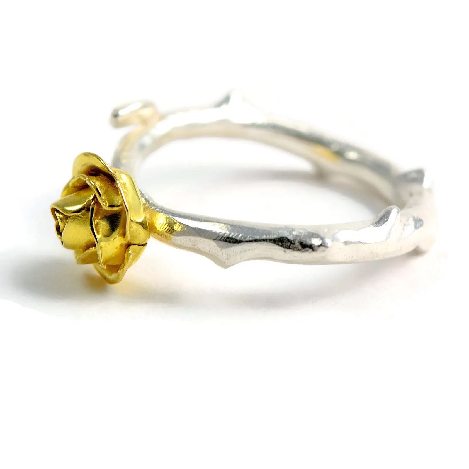 Yellow eco-gold rose ring with silver band and solid 18ct gold yellow rose