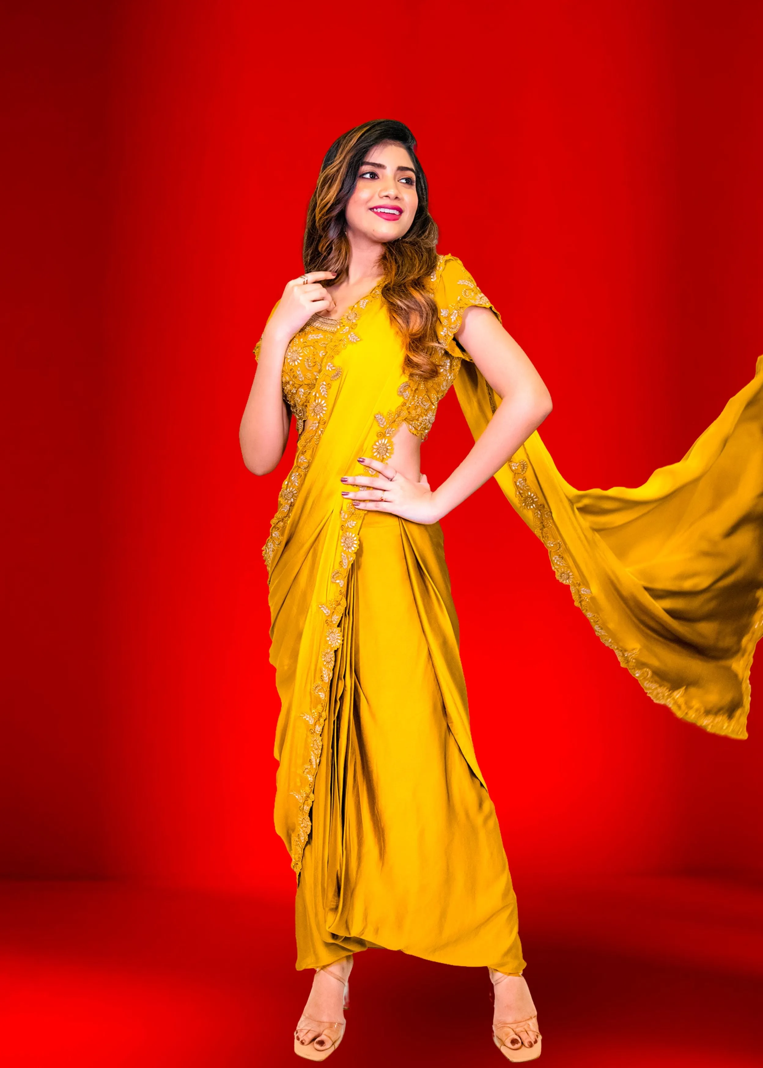 Yellow Embellished Satin Silk Drape Saree