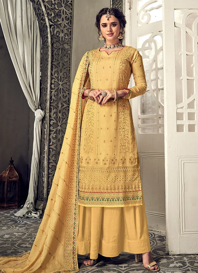 Yellow Embroidered Designer Palazzo Suit