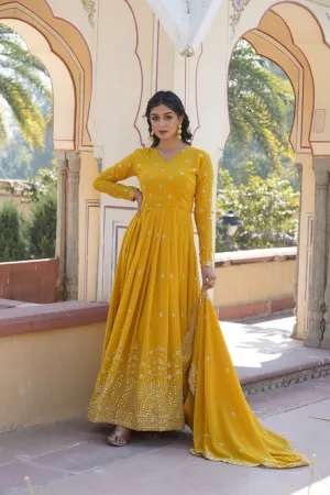 Yellow Embroidered Faux Georgette Gown with Dupatta