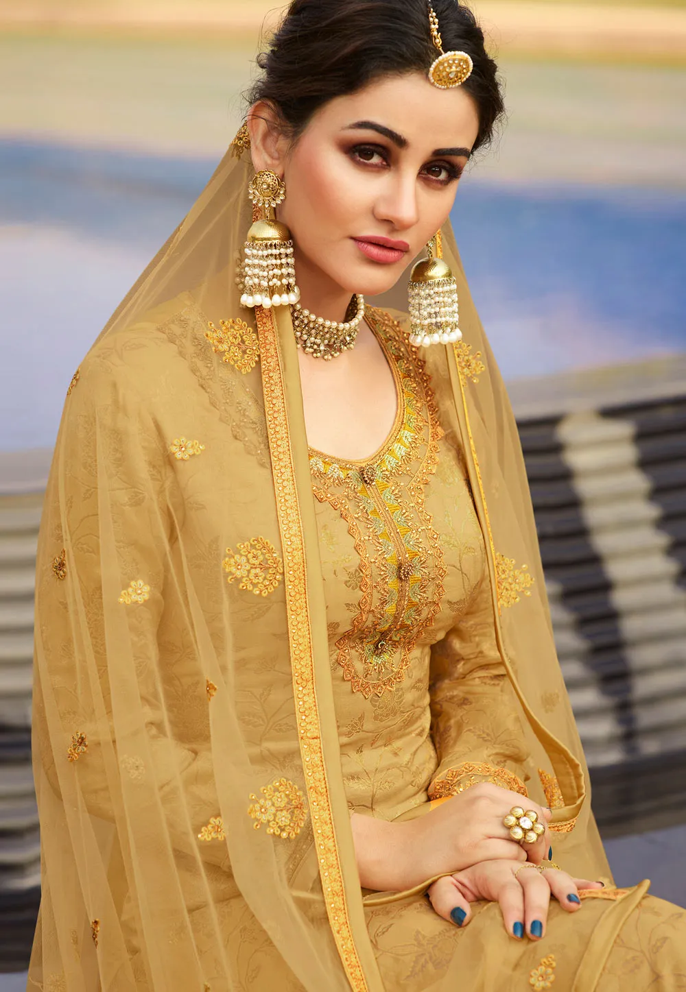 Yellow Embroidered Gharara Style Suit