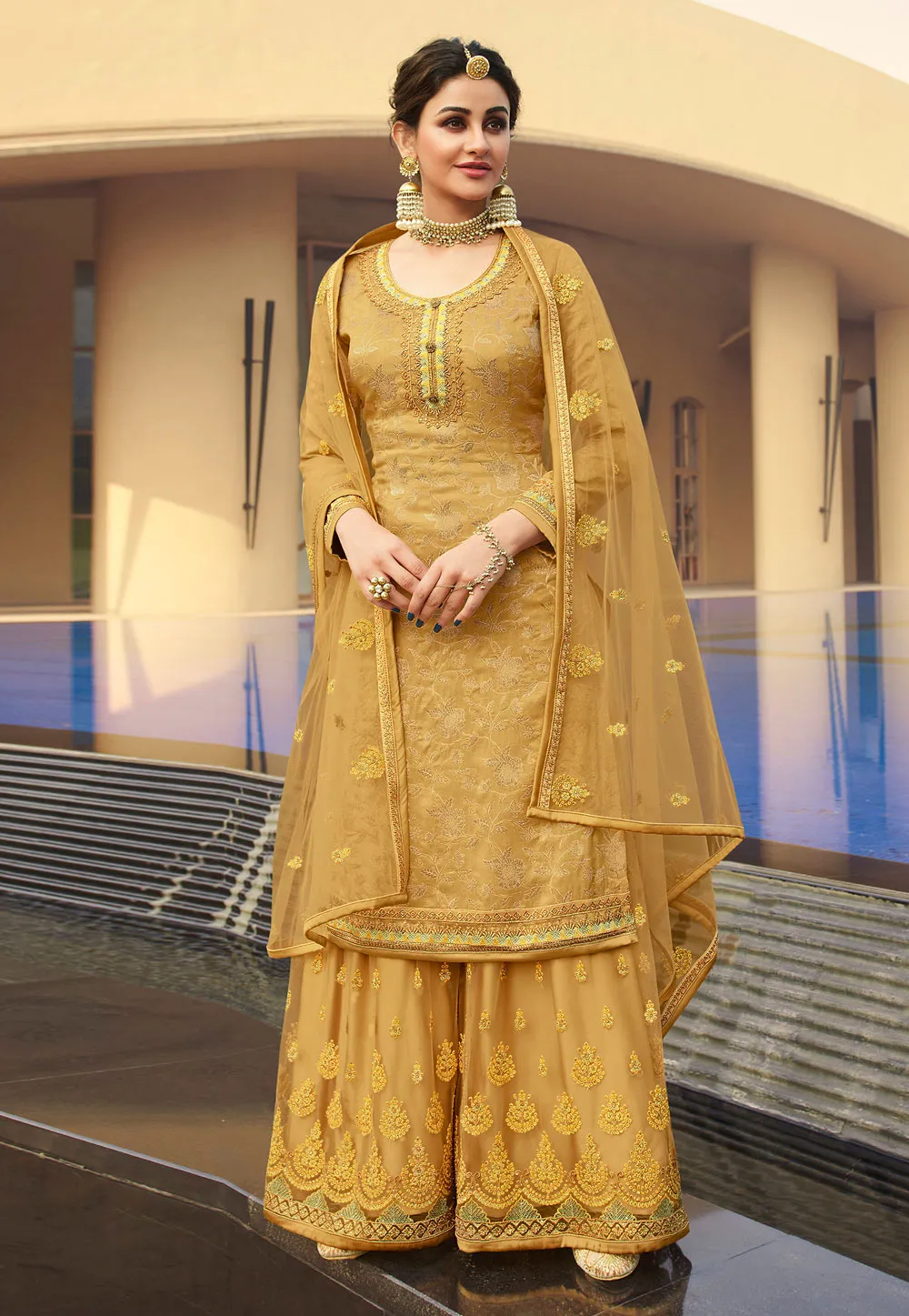 Yellow Embroidered Gharara Style Suit