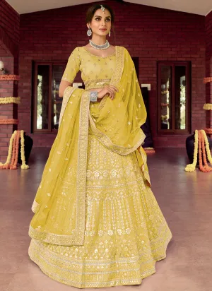 Yellow Embroidered Organza Semi Stitched Lehenga