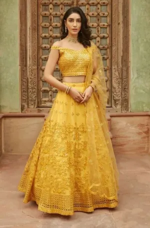 Yellow Embroidered Semi-Stitched Lehenga In Pure Organza