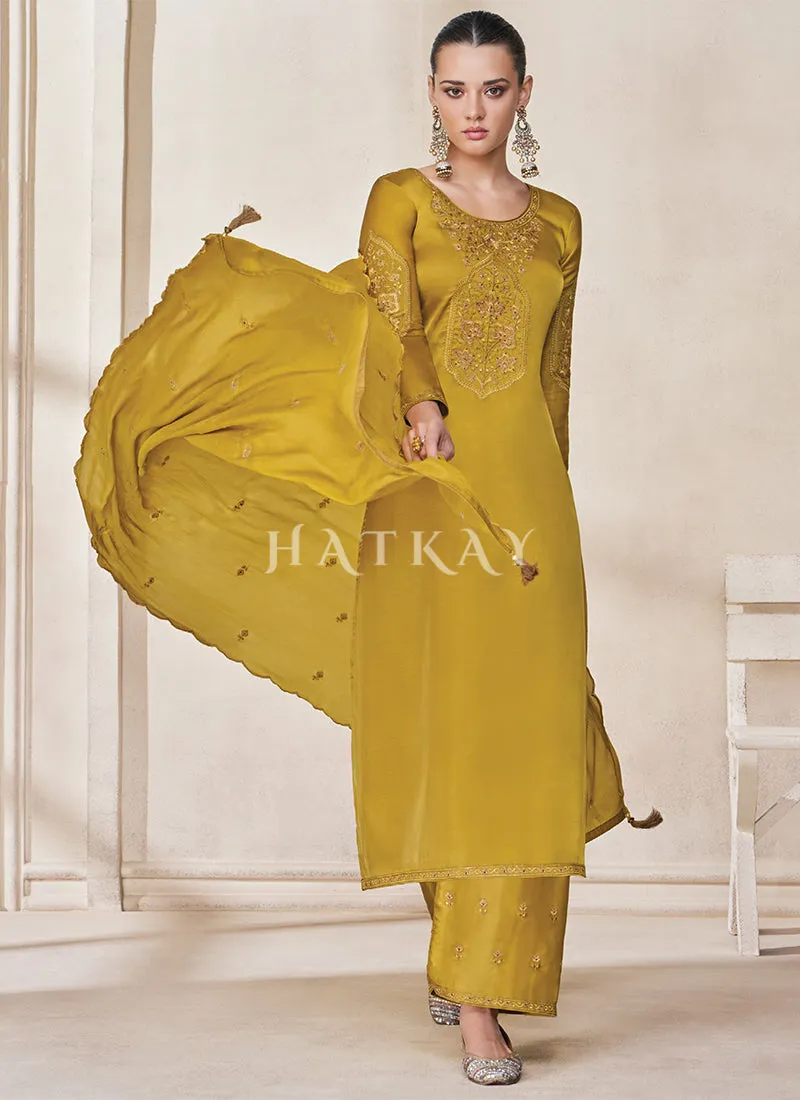 Yellow Embroidery Traditional Silk Salwar Kameez