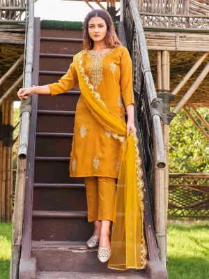 Yellow Floral & Thread Embroidered Suit Set with Dupatta