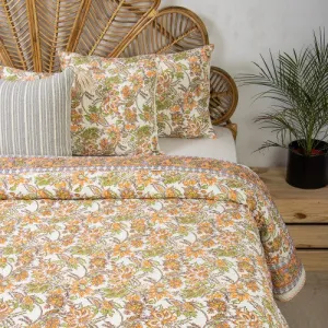 Yellow Floral Design Hand Block Soft Cotton King Size Bed Spread