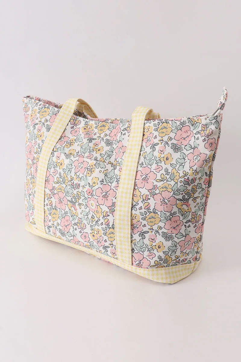 Yellow floral plaid tote bag