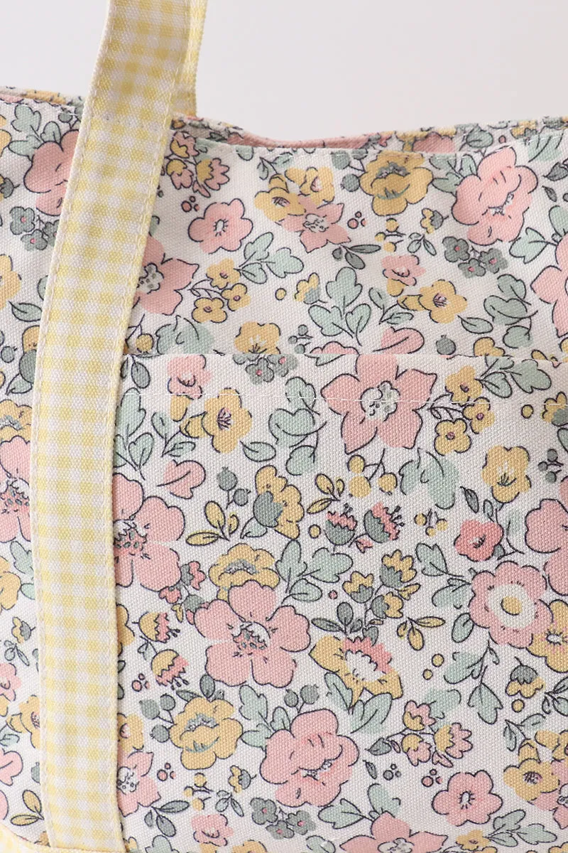 Yellow floral plaid tote bag