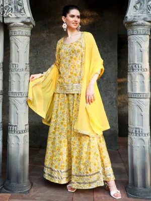 Yellow Floral Print Short Kurta With Skirt And Dupatta