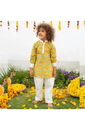 Yellow Floral Printed Cotton Kurta With Pants Set