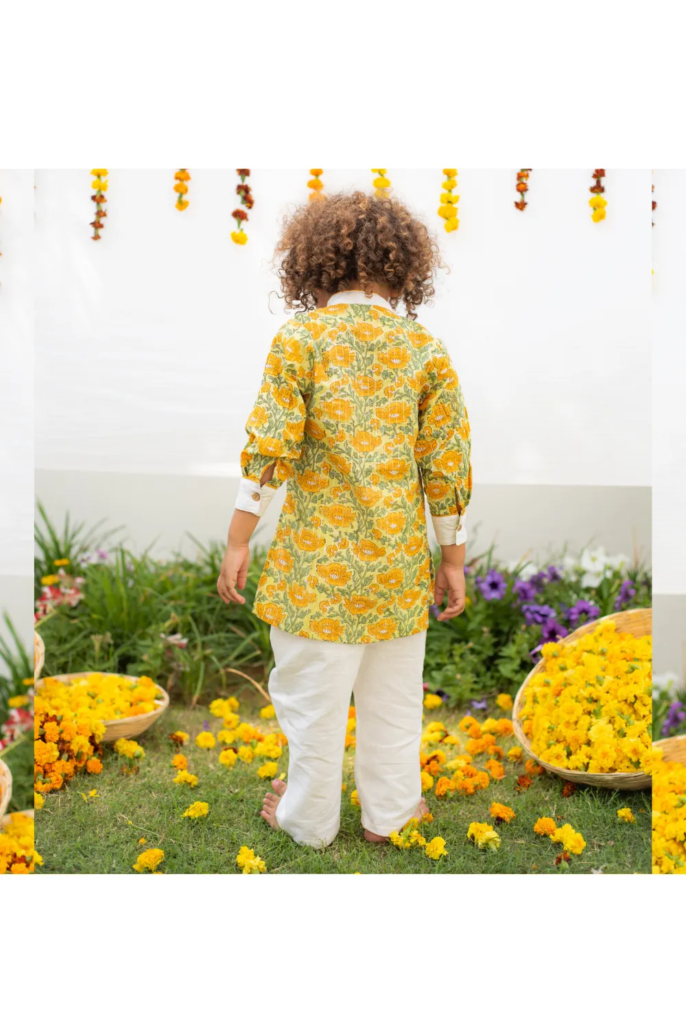 Yellow Floral Printed Cotton Kurta With Pants Set