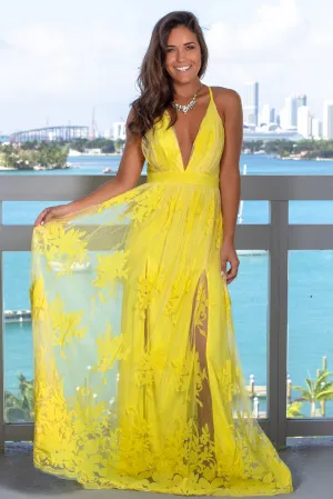 Yellow Floral Tulle Maxi Dress with Criss Cross Back