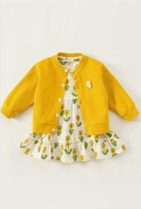 Yellow Flower Dress with Yellow Cardigan