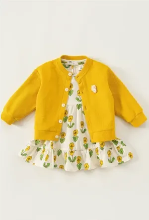 Yellow Flower Dress with Yellow Cardigan