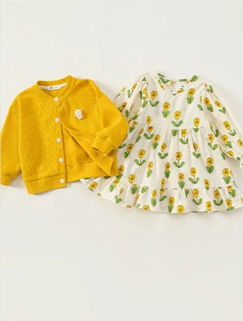 Yellow Flower Dress with Yellow Cardigan