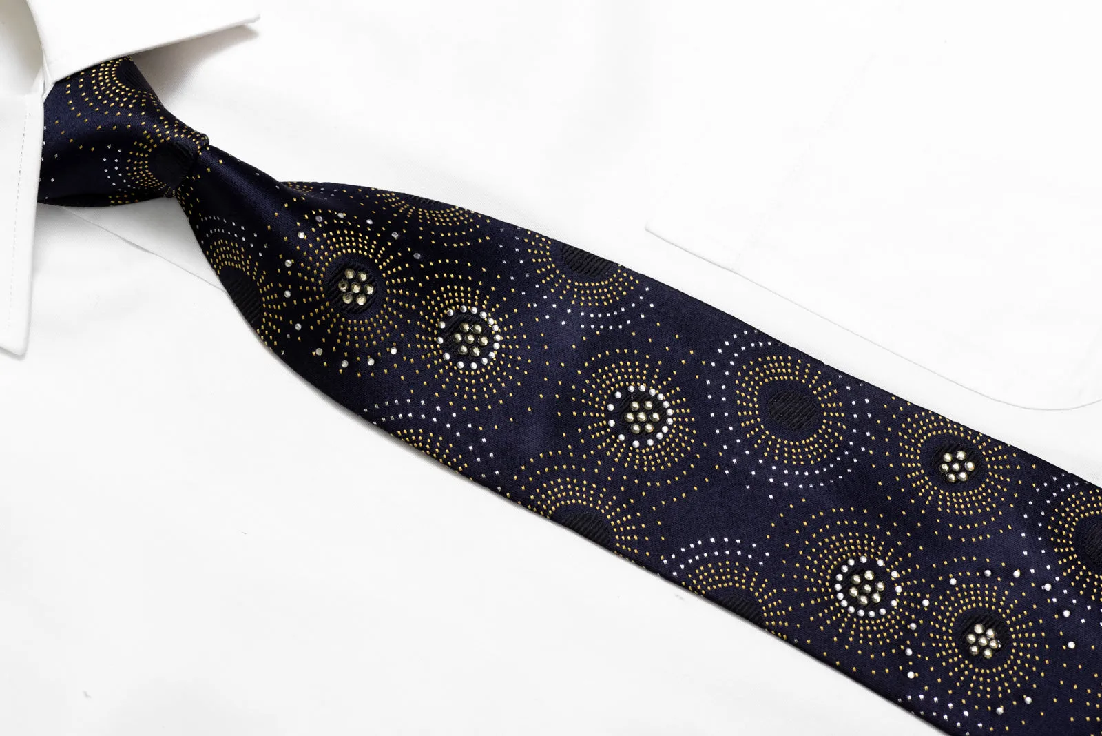 Yellow Geometric On Navy Rhinestone Silk Necktie With Silver Sparkles