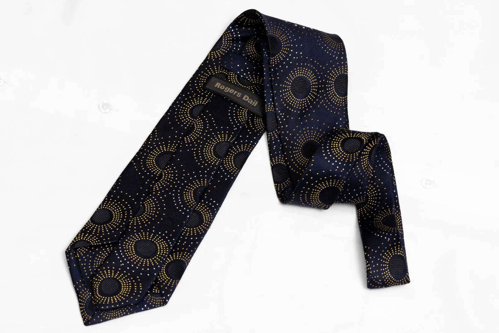 Yellow Geometric On Navy Rhinestone Silk Necktie With Silver Sparkles