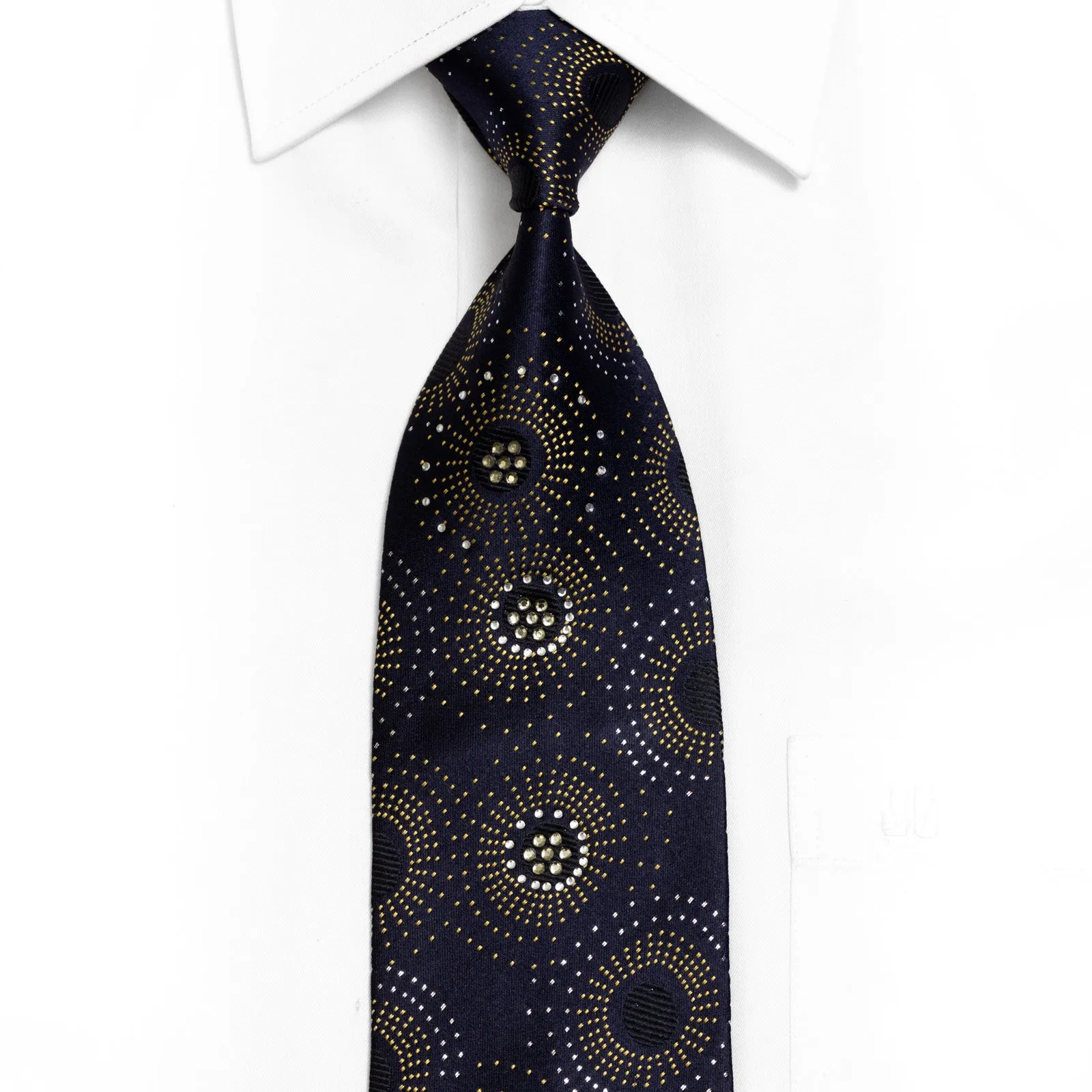 Yellow Geometric On Navy Rhinestone Silk Necktie With Silver Sparkles