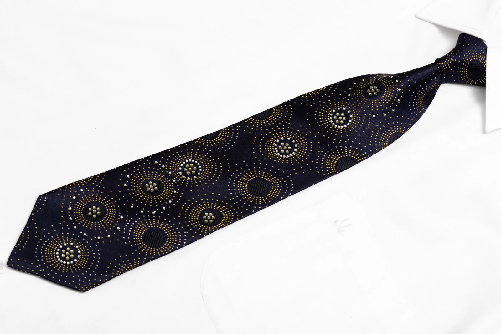 Yellow Geometric On Navy Rhinestone Silk Necktie With Silver Sparkles