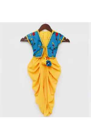 Yellow Georgette Jumpsuit With Blue Embroidered Attached Jacket