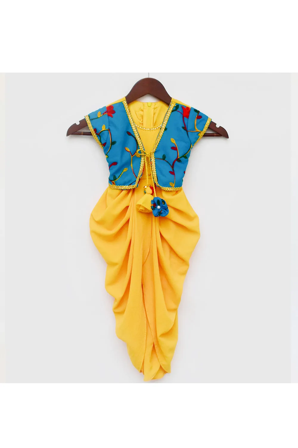 Yellow Georgette Jumpsuit With Blue Embroidered Attached Jacket