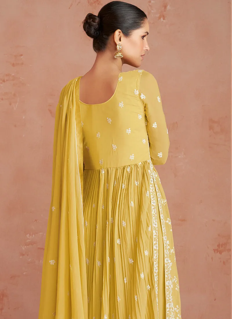 Yellow Georgette Thread Embroidered Palazzo Suit