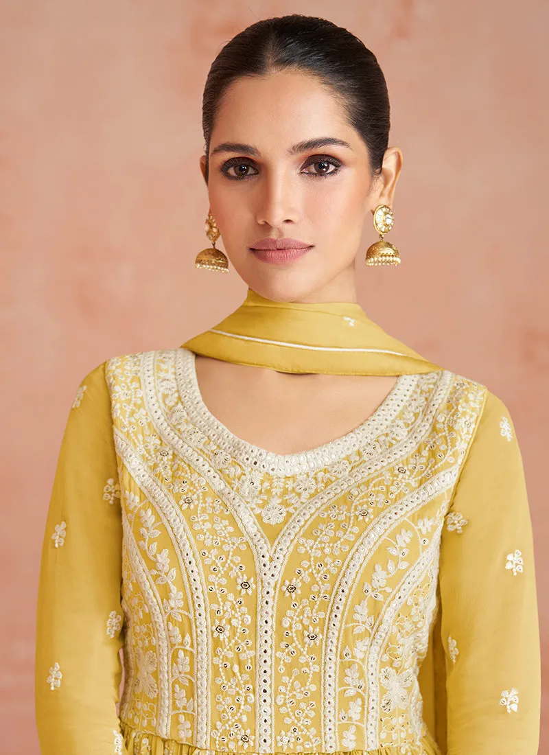 Yellow Georgette Thread Embroidered Palazzo Suit