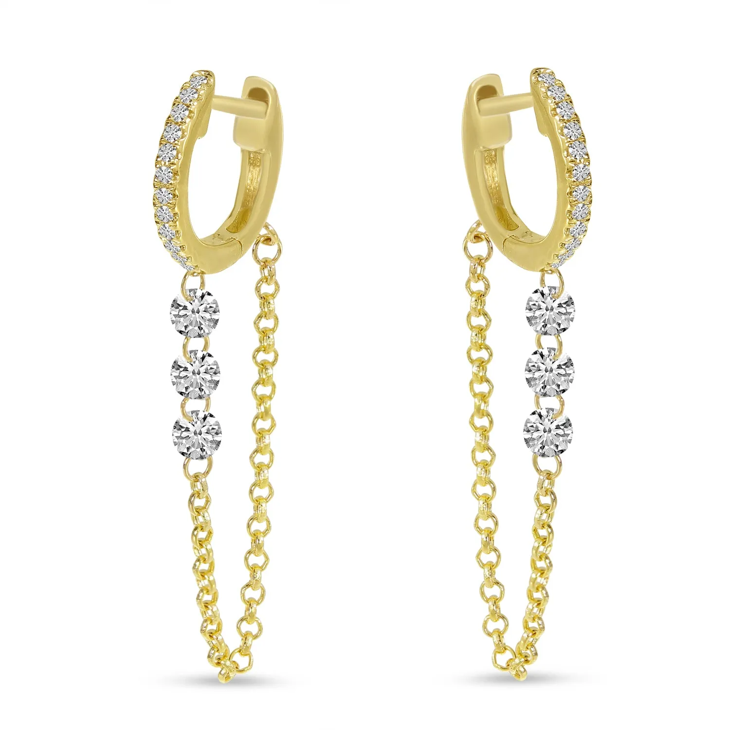 Yellow Gold Pierced Diamond Chain Huggie Earrings