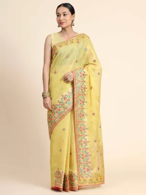 Yellow Gold Saree in Gold Tissue Embroidered Panel Work