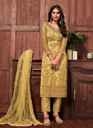 Yellow Golden Embroidered Designer Pants Suit