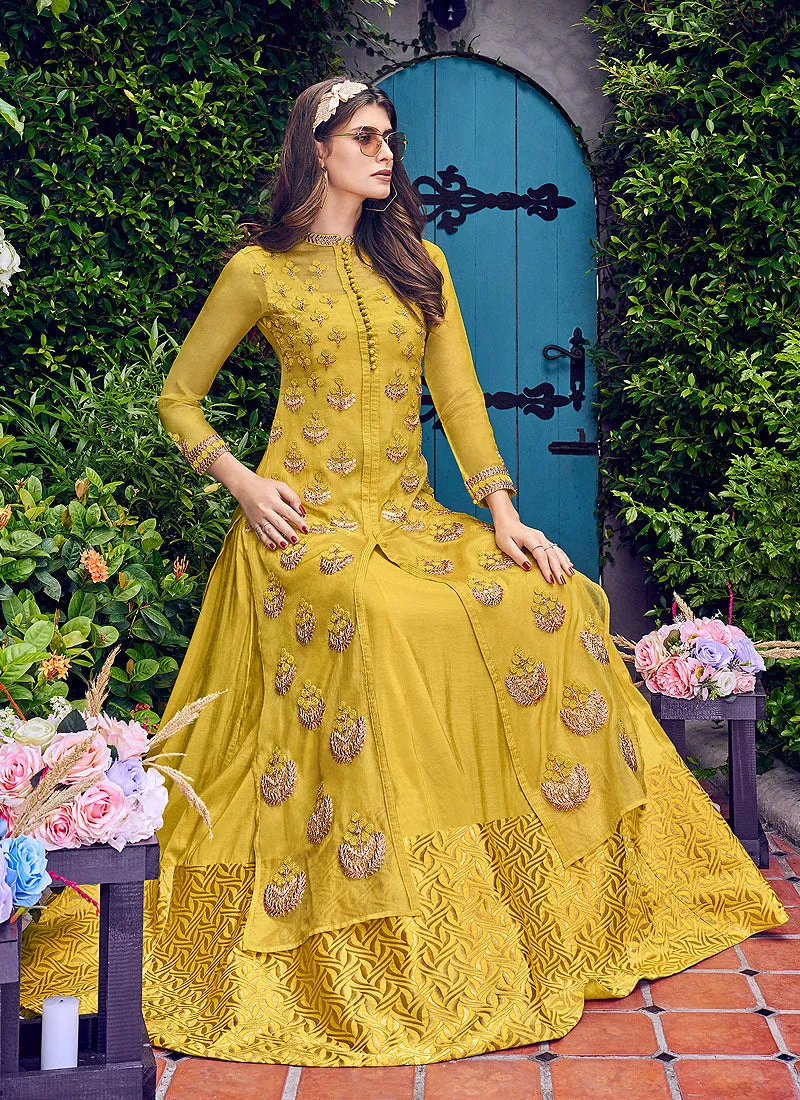 Yellow Golden Embroidered Jacket Style Anarkali Suit Set