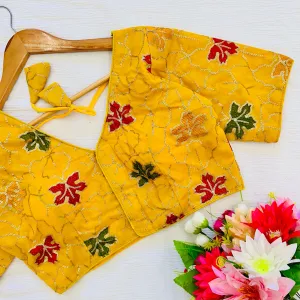 Yellow Golden Sequined Blouse with Colorful Embroidery in Georgette Silk