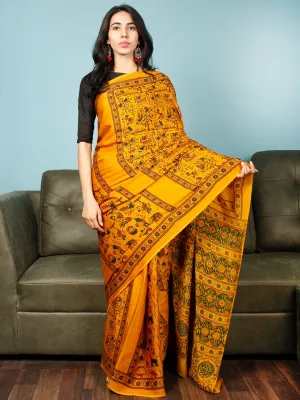 Yellow Green Rust Ajrakh Hand Block Printed Modal Silk Saree in Natural Colors - S031703370